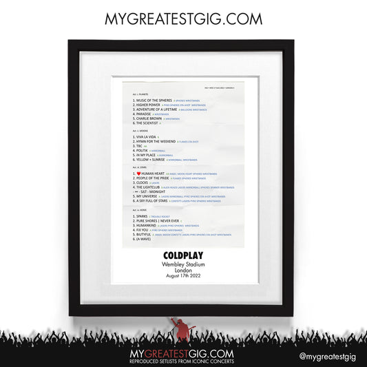 Coldplay - London - Aug 17th 2022 Recreated Setlist Poster
