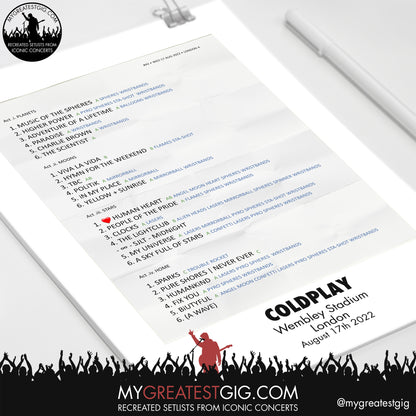 Coldplay - London - Aug 17th 2022 Recreated Setlist Poster