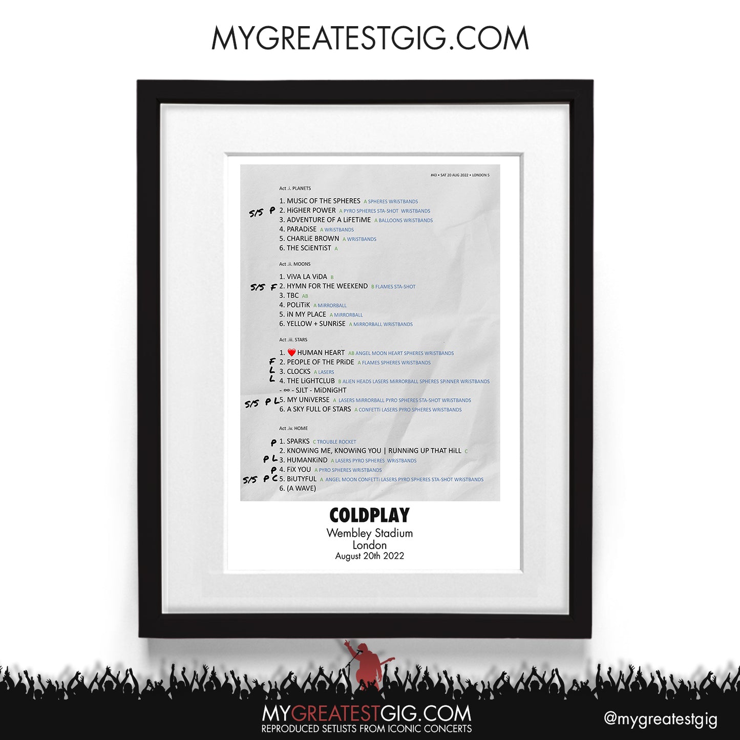 Coldplay - London - Aug 20th 2022 Recreated Setlist Poster