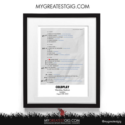 Coldplay - London - Aug 20th 2022 Recreated Setlist Poster
