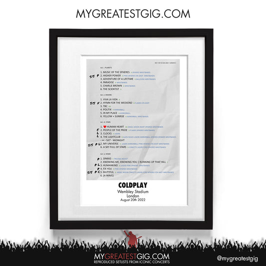 Coldplay - London - Aug 20th 2022 Recreated Setlist Poster