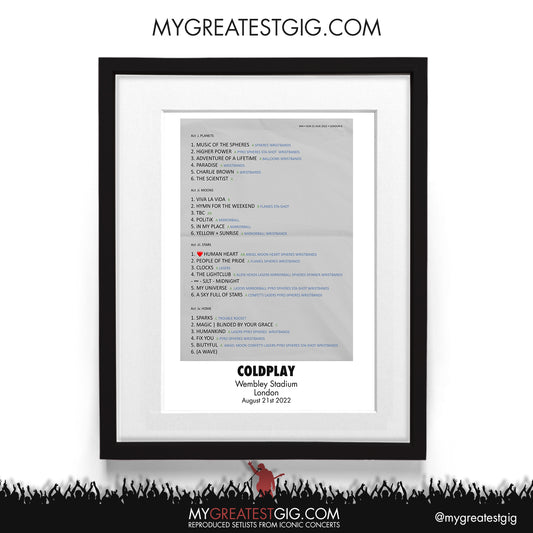 Coldplay - London - Aug 21st 2022 Recreated Setlist Poster
