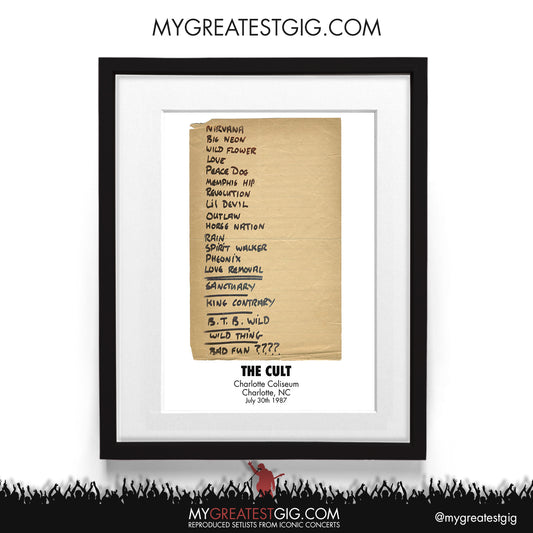 The Cult - Charlotte - Jul 30th 1987 Recreated Setlist Poster