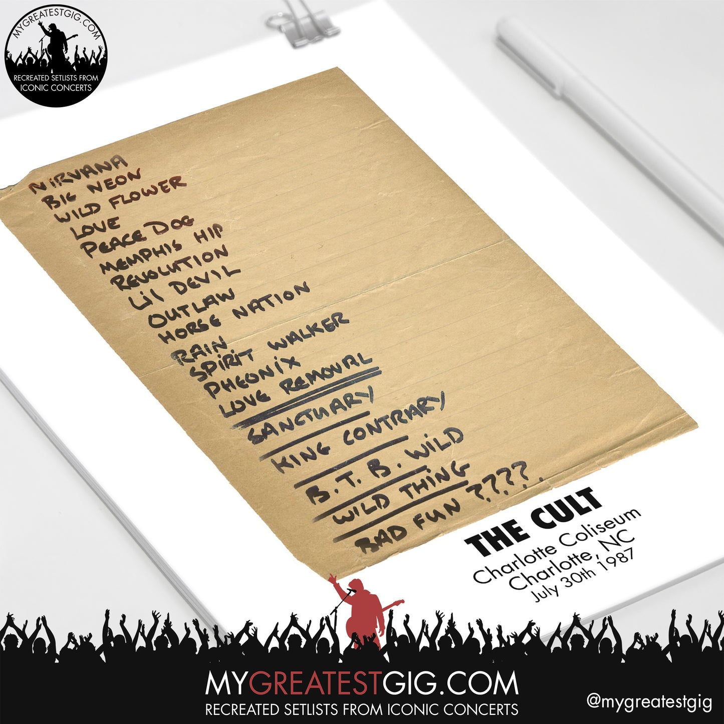 The Cult - Charlotte - Jul 30th 1987 Recreated Setlist Poster