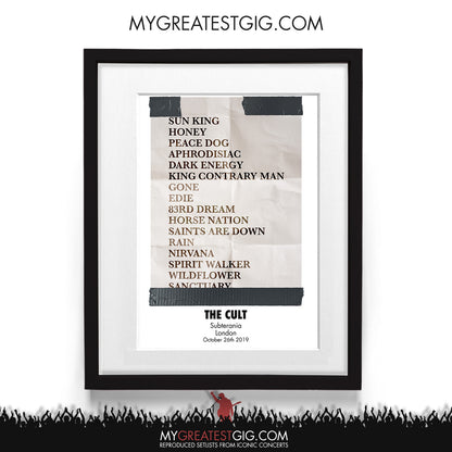 The Cult - London - Oct 26th 2019 Recreated Setlist Poster