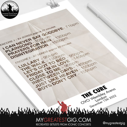 The Cure - London - Dec 12th 2022 Recreated Setlist Poster