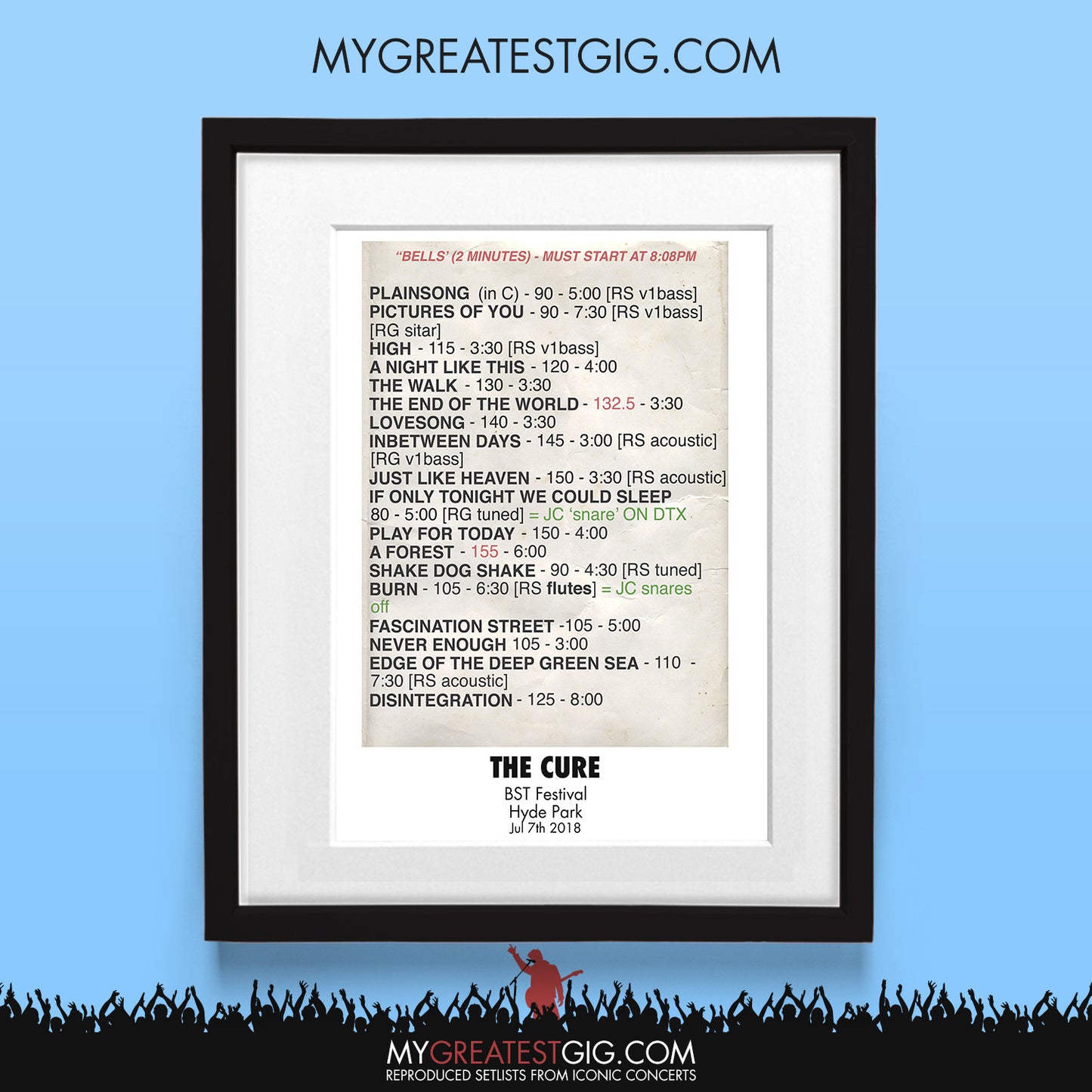 The Cure - BST Festival - Jul 7th 2018 Recreated Set List Poster