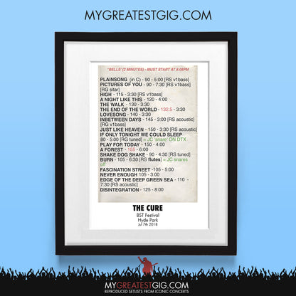 The Cure - BST Festival - Jul 7th 2018 Recreated Set List Poster