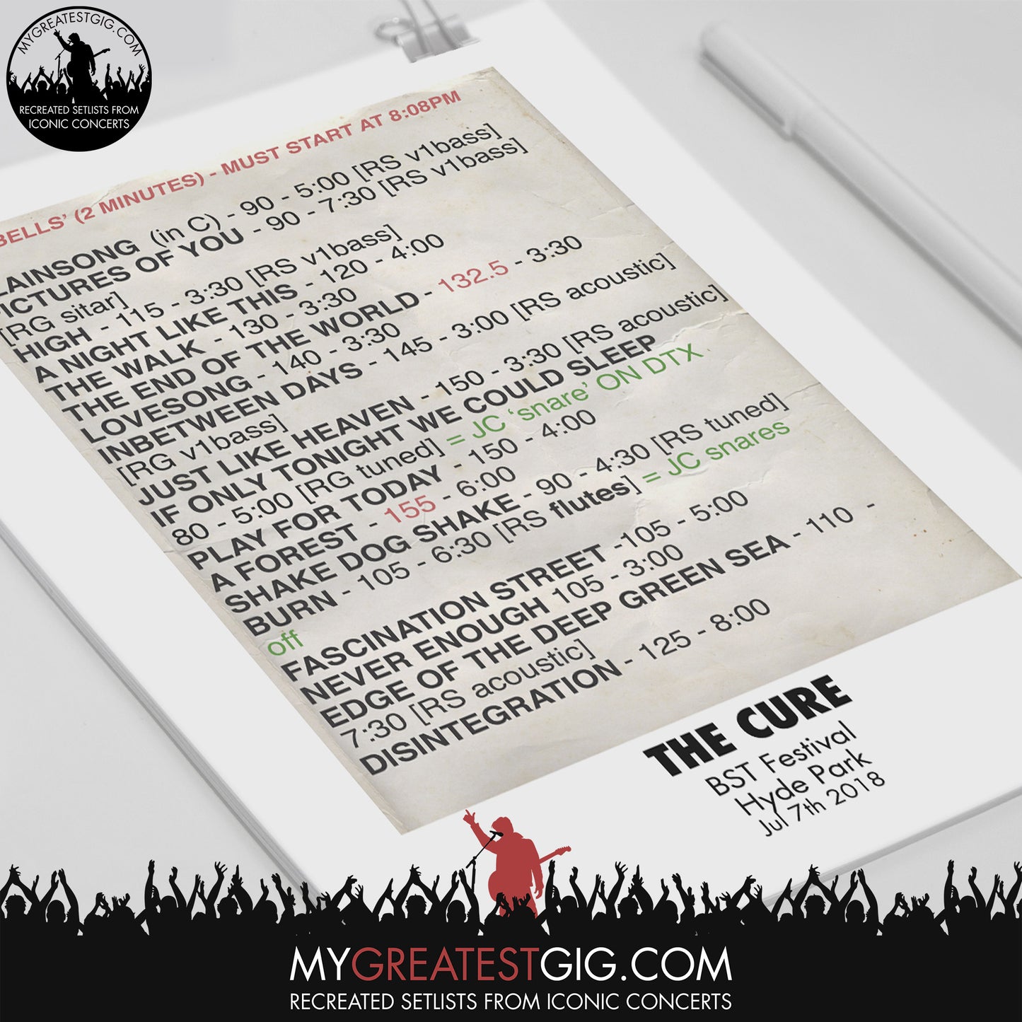 The Cure - BST Festival - Jul 7th 2018 Recreated Set List Poster