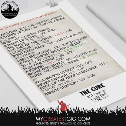 The Cure - BST Festival - Jul 7th 2018 Recreated Set List Poster