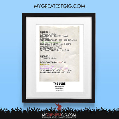 The Cure - BST Festival - Jul 7th 2018 Recreated Set List Poster