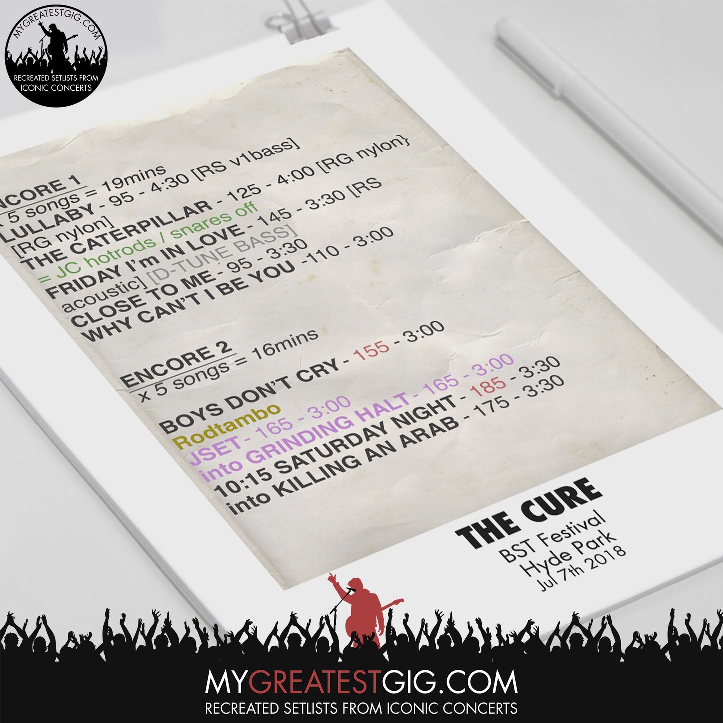 The Cure - BST Festival - Jul 7th 2018 Recreated Set List Poster