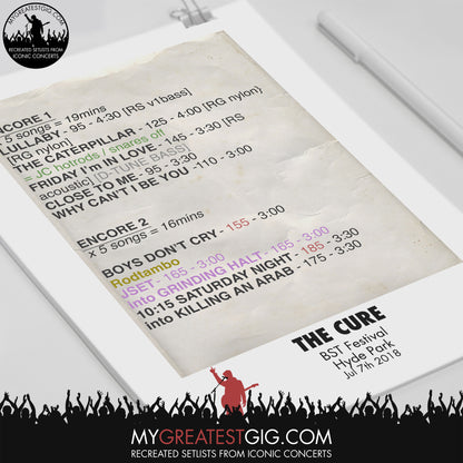 The Cure - BST Festival - Jul 7th 2018 Recreated Set List Poster