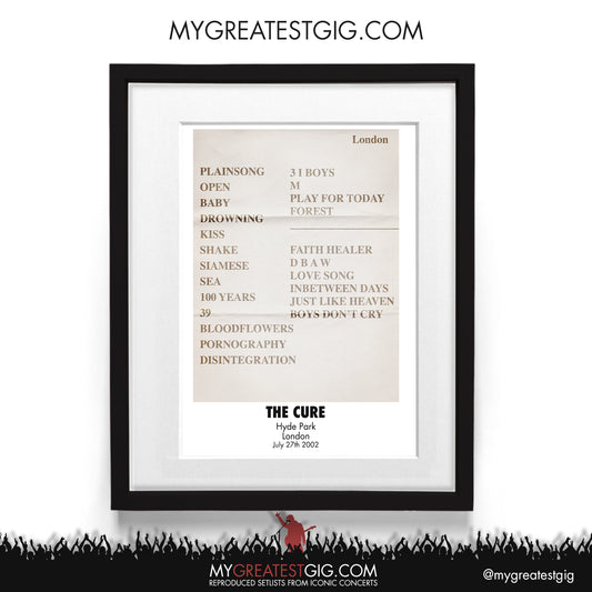 The Cure - London - Jul 27th 2002 Recreated Setlist Poster
