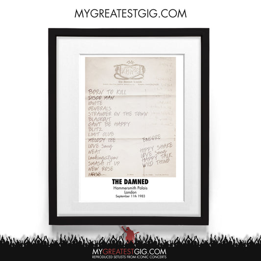 The Damned - London - Sep 11th 1983 Recreated Setlist Poster
