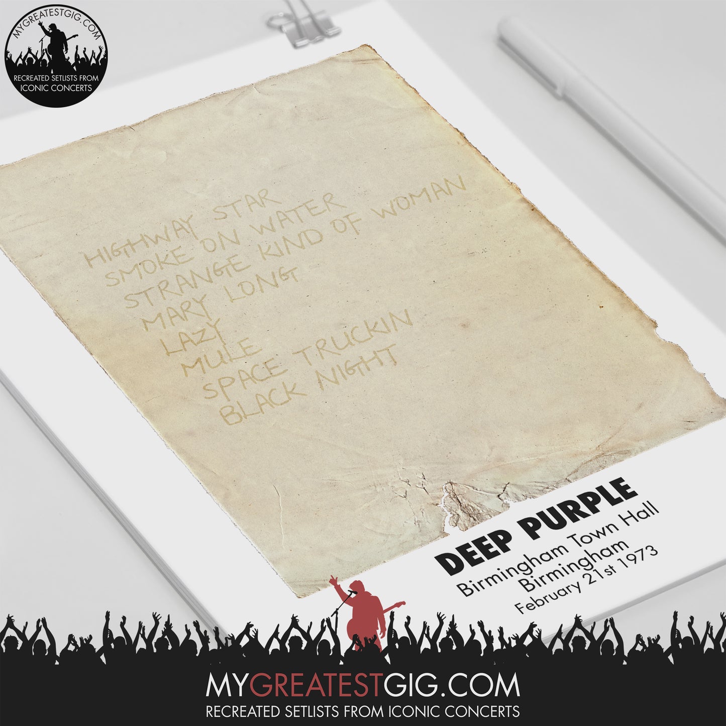 Deep Purple - Birmingham - Feb 21st 1973 Recreated Set List Poster