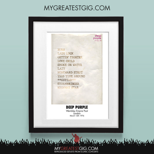 Deep Purple  - London - Mar 12th 1976 Recreated Set List Poster