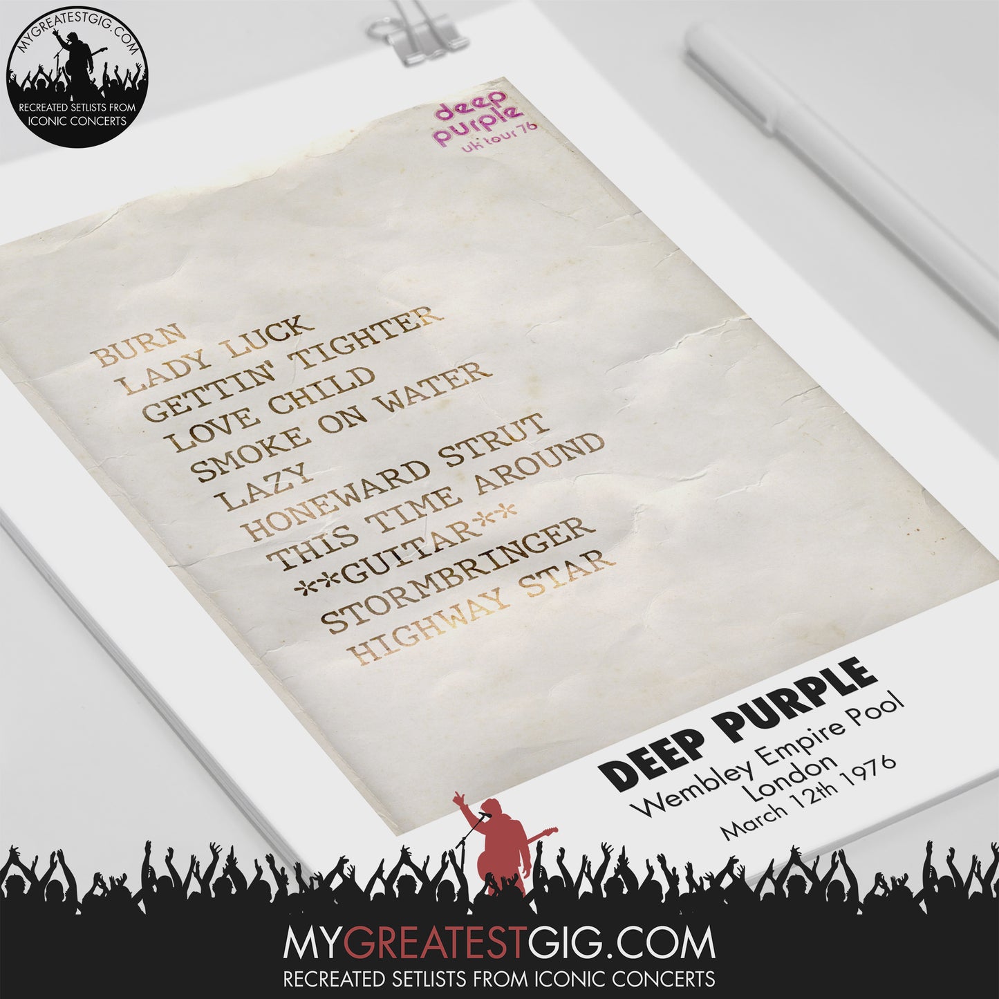Deep Purple  - London - Mar 12th 1976 Recreated Set List Poster
