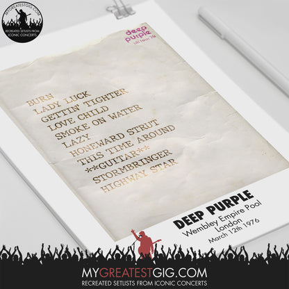 Deep Purple  - London - Mar 12th 1976 Recreated Set List Poster