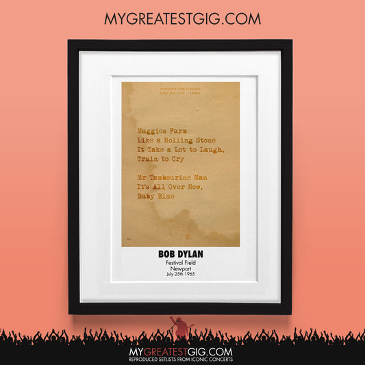 Bob Dylan - Newport - July 25th 1965 Recreated Set List Poster