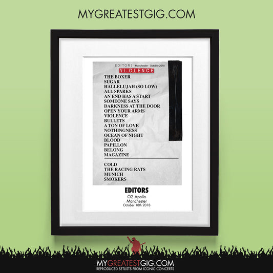 Editors - Manchester - October 18th 2018 Recreated Set List Poster