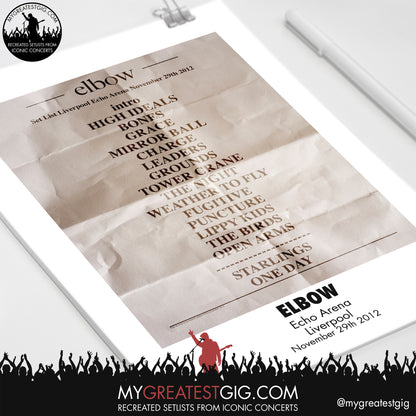 Elbow - Liverpool - Nov 29th 2012 Recreated Setlist Poster