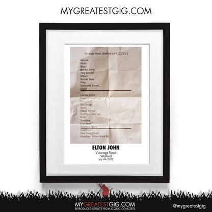 Elton John - Watford - Jul 4th 2022 Recreated Setlist Poster