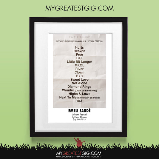 Emeli Sande - Lytham Festival - Jul 14th 2018 Recreated Set List Poster