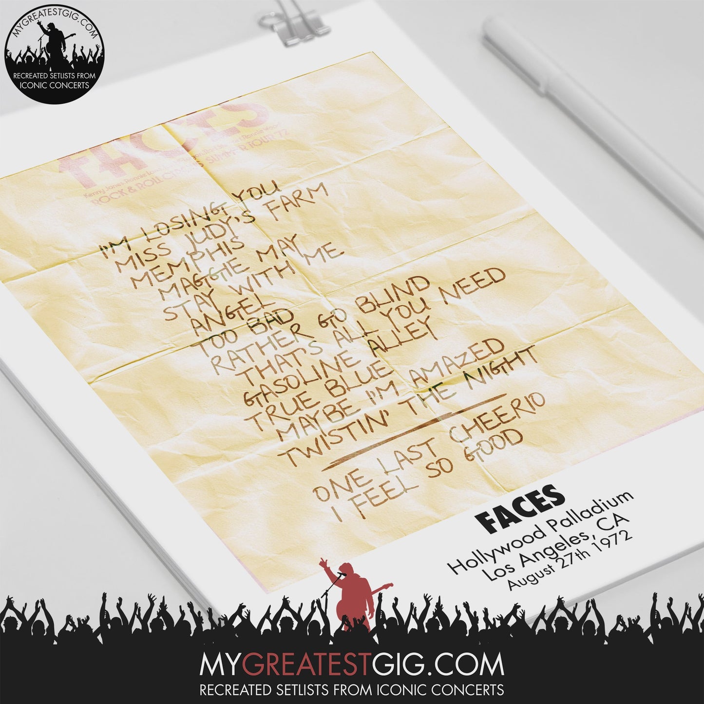Faces - Los Angeles - Aug 27th 1972 Recreated Set List Poster