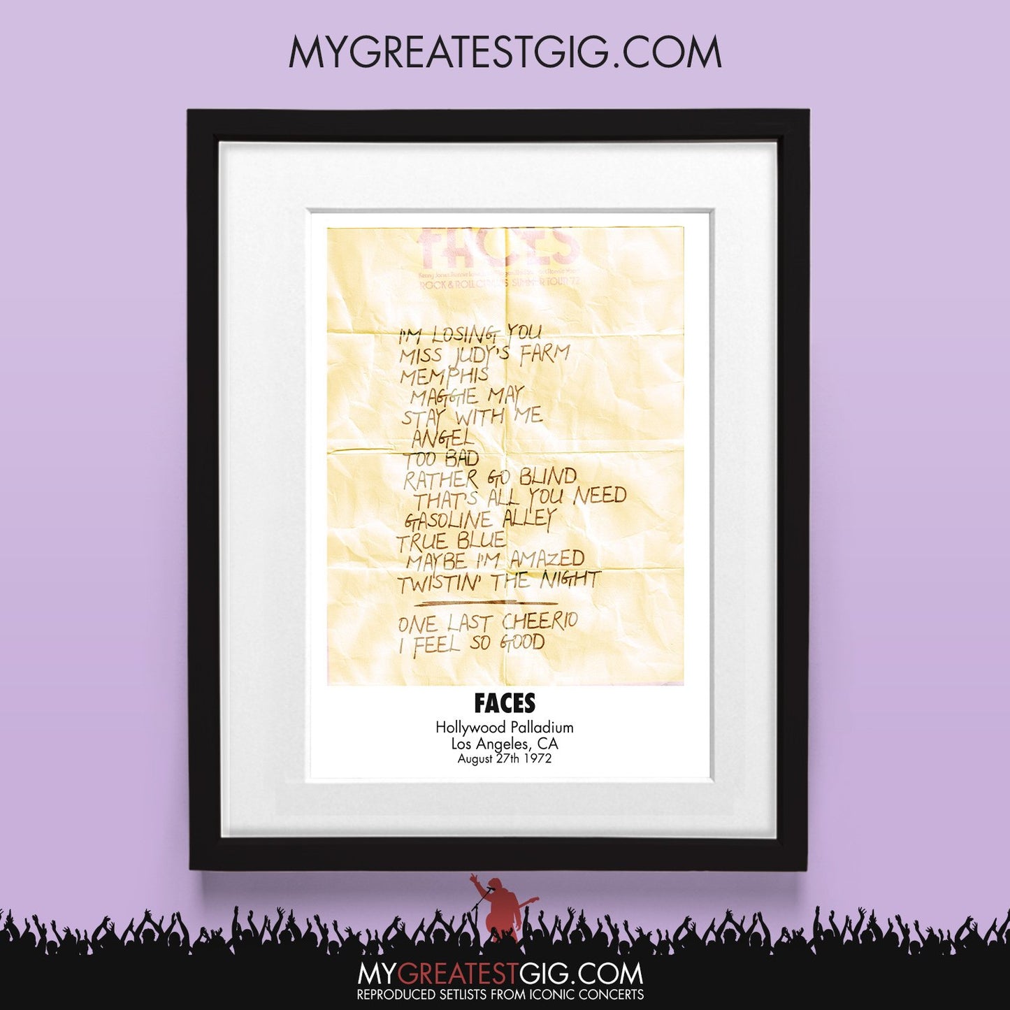 Faces - Los Angeles - Aug 27th 1972 Recreated Set List Poster