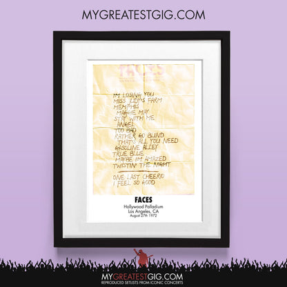 Faces - Los Angeles - Aug 27th 1972 Recreated Set List Poster