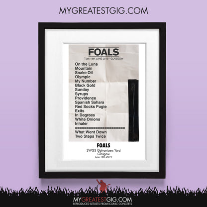 Foals - Glasgow - Jun 18th 2019 Recreated Set List Poster