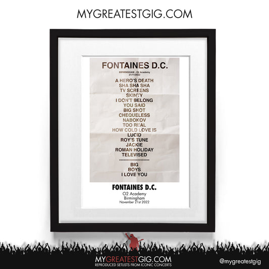 Fontaines D.C. - Birmingham - Nov 21st 2022 Recreated Setlist Poster
