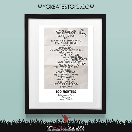 Foo Fighters - Glasgow - Aug 17th 2019 Recreated Set List Poster