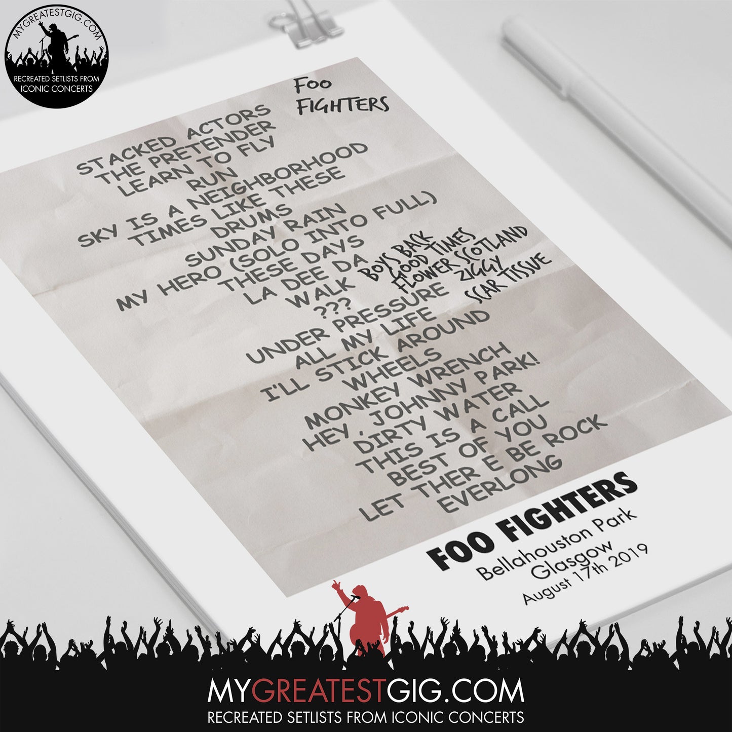 Foo Fighters - Glasgow - Aug 17th 2019 Recreated Set List Poster & Illustration Bundle