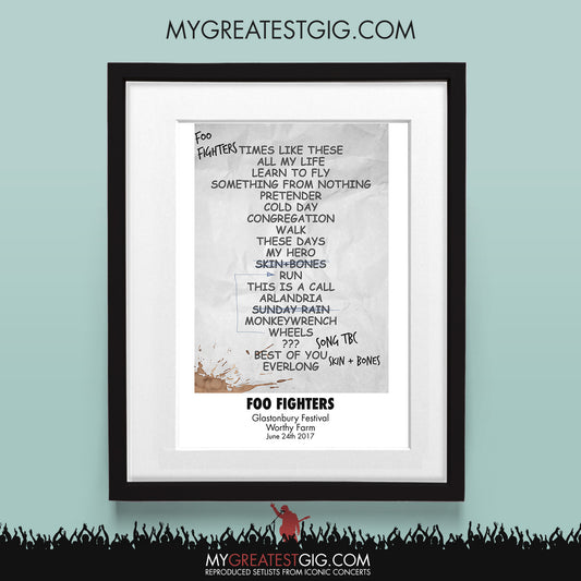 Foo Fighters - Glastonbury Festival - Jun 24th 2017 Recreated Set List Poster