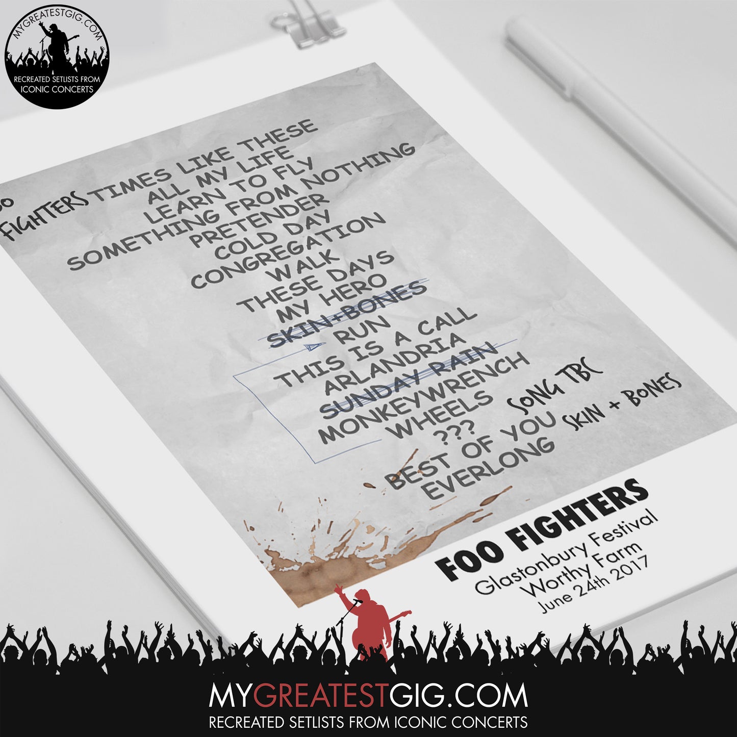 Foo Fighters - Glastonbury Festival - Jun 24th 2017 Recreated Set List Poster
