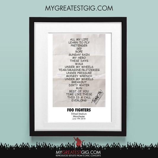 Foo Fighters - Manchester - Jun 19th 2018 Recreated Set List Poster