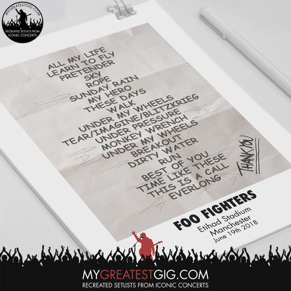 Foo Fighters - Manchester - Jun 19th 2018 Recreated Set List Poster