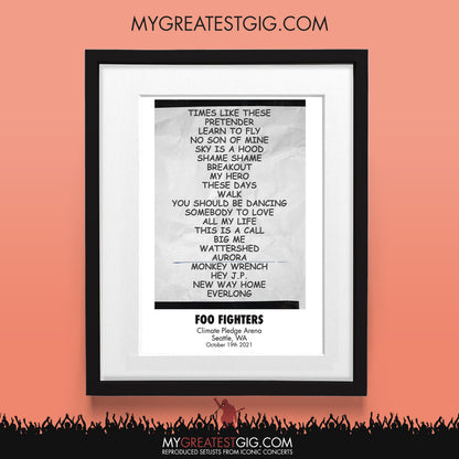Foo Fighters - Seattle - Oct 19th 2021 Recreated Set List Poster