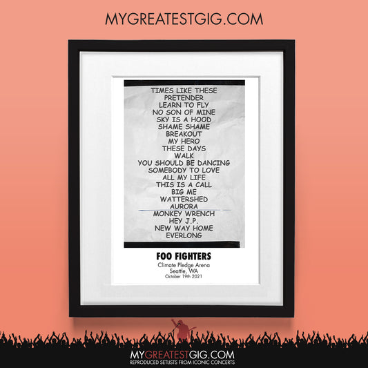 Foo Fighters - Seattle - Oct 19th 2021 Recreated Set List Poster