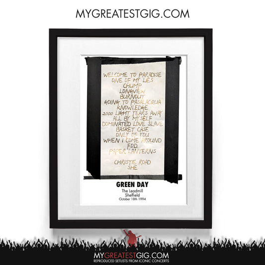 Green Day - The Leadmill - Sheffield - Oct 18th 1994 Recreated Setlist Poster