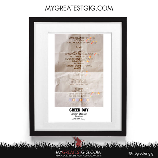 Green Day - London - Jun 24th 2022 Recreated Setlist Poster