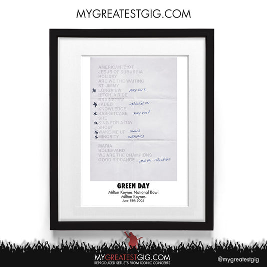 Green Day - Milton Keynes - Jun 18th 2005 Recreated Setlist Poster