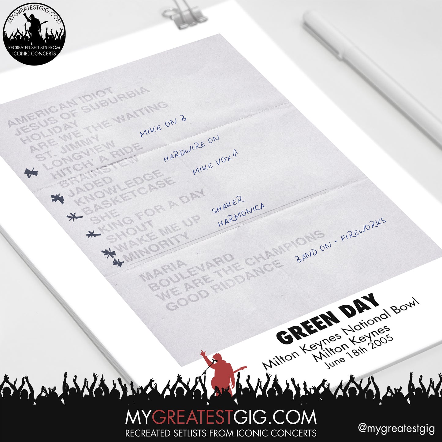 Green Day - Milton Keynes - Jun 18th 2005 Recreated Setlist Poster