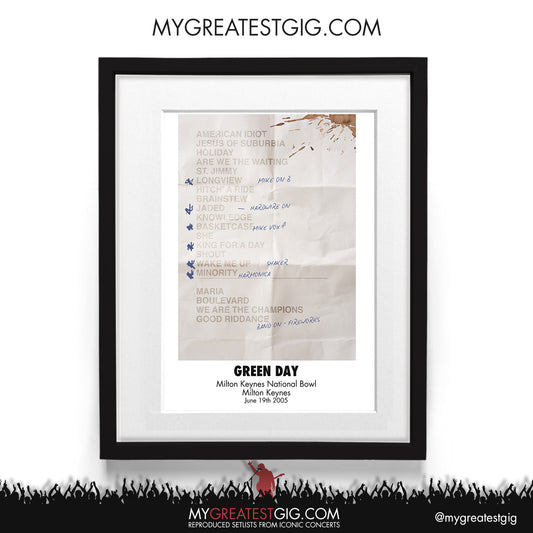 Green Day - Milton Keynes - Jun 19th 2005 Recreated Setlist Poster