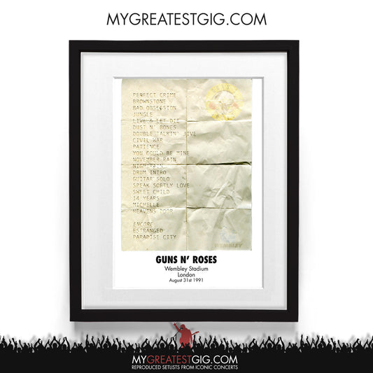 Guns N Roses - London - Aug 31st 1991 Recreated Setlist Poster