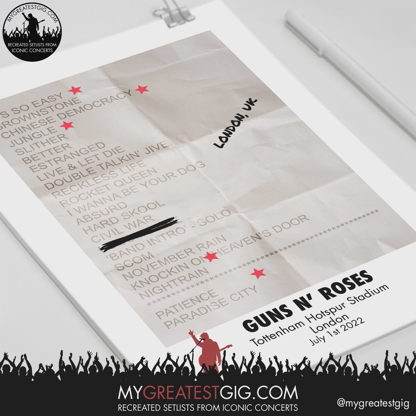 Guns N' Roses - London - Jul 1st 2022 Recreated Setlist Poster