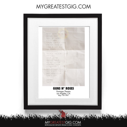 Guns N Roses - Los Angeles - May 11th 1991 Recreated Setlist Poster