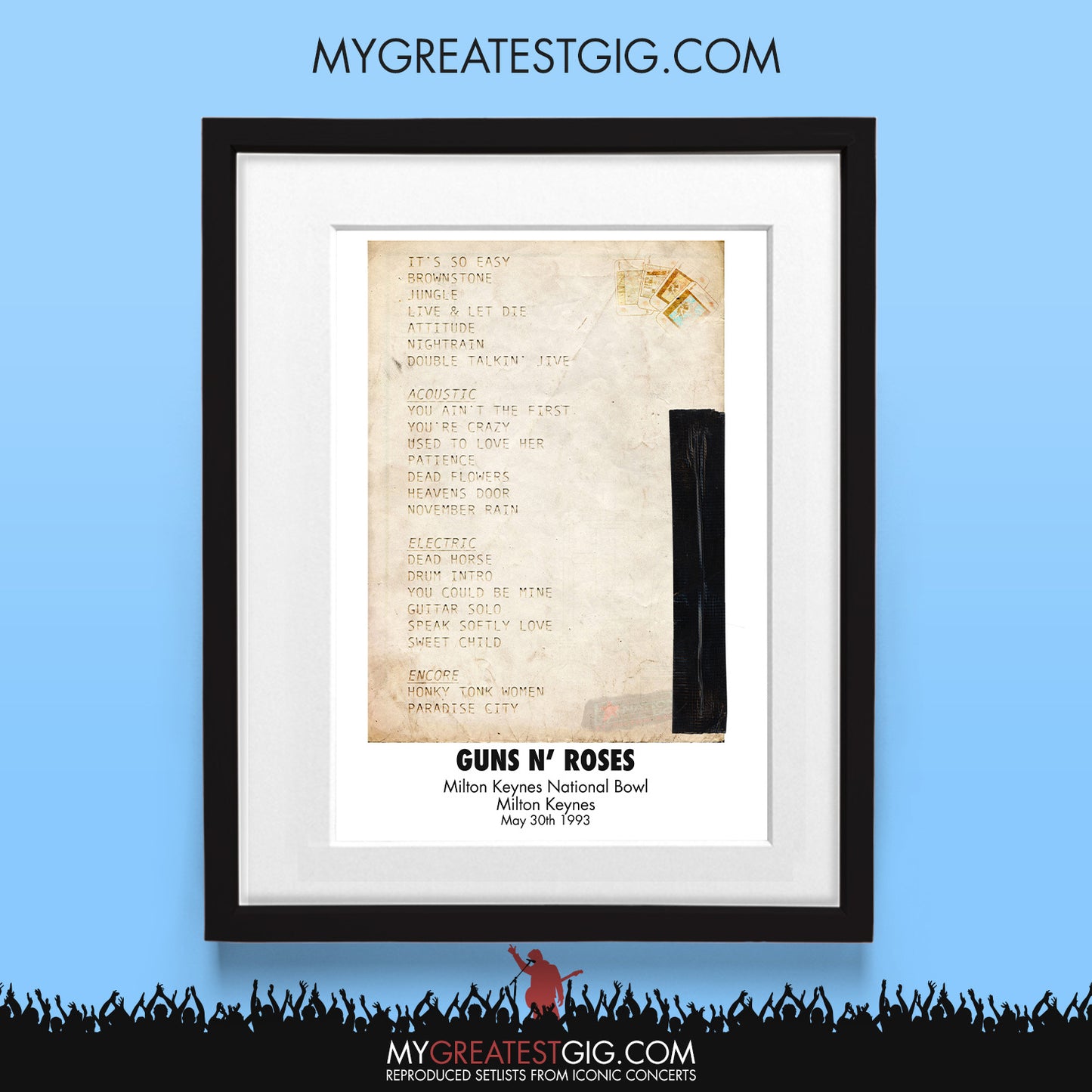 Guns N' Roses - Milton Keynes - May 30th 1993 Recreated Set List Poster & Illustration Bundle